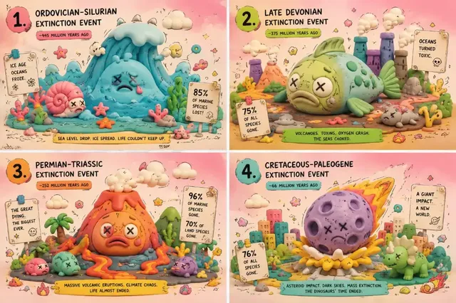 A 2x2 grid of four images, each depicting a different extinction event as a stylized toy playset with rounded figures, sketch lines, colorful accents, and simplified scenery.