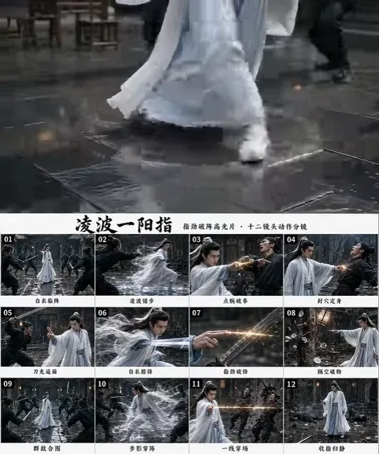 A man in white robes gracefully moves across water, leaving ripples, with energy lines emanating from his finger.