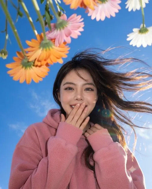 Extreme worm's-eye view of a young woman with long dark hair, looking warmly into the lens with a joyful expression, her face framed by blurred flowers, captured with motion blur a