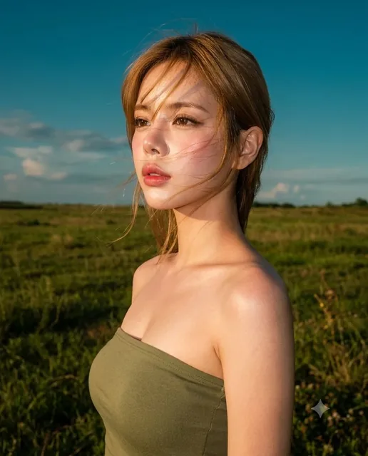 A hyper-realistic Y2K digital snapshot portrait of a woman in a grassy field during golden hour, with soft windblown hair and a calm, dreamy expression, captured with early 2000s c