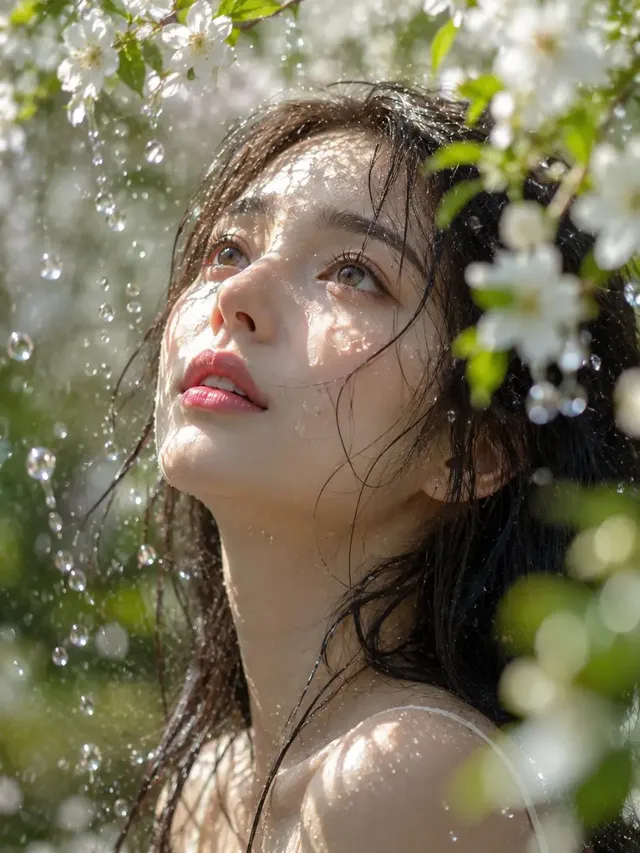 Close-up portrait of a young woman with wet hair and luminous, dewy skin, surrounded by white blossoms and water droplets, with soft sunlight filtering through.