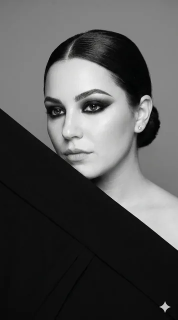 Black and white fashion portrait of a woman with slicked-back hair and dramatic smoky eye makeup, partially obscured by a diagonal black fabric panel.