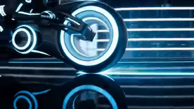 A futuristic rider on a black light bike with blue glowing lines accelerates through a neon city, leaving energy trails.