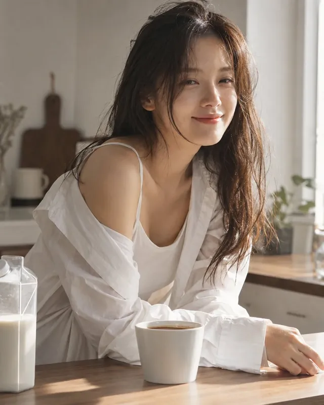 A young Korean woman with messy black hair, wearing a white camisole and an open white boyfriend shirt, leans over a wooden kitchen counter, holding a white coffee cup, with morning sunlight illuminating her face and the background.