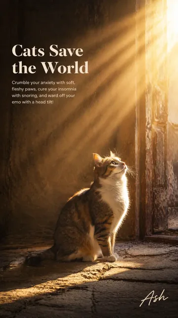 A cat sitting in the center of a poster composition, looking up towards a divine light source, with space for text.