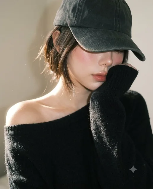 Shoulder-up portrait of a person wearing a baseball cap and oversized sweater, obscuring most of their face, with motion blur and soft lighting.
