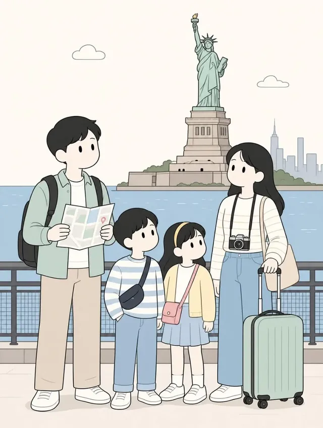 A minimalist Korean webtoon-style illustration of a traveling family (two parents, two children) exploring a location, with soft pastel colors and clean line art.