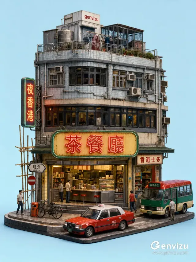 A detailed miniature model of a curved Hong Kong Tang Lau building corner, with a tea restaurant and shop on the ground floor, neon signs, and tiny vehicles and pedestrians, set against a plain sky blue background.