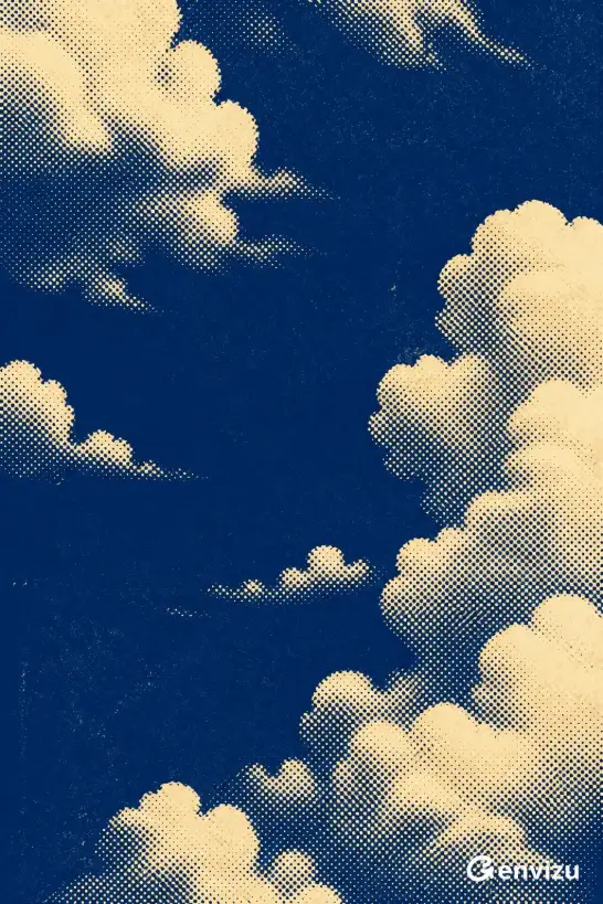 Vertical silkscreen art print with a deep cobalt blue background and large, irregular clouds made of cream halftone dots, with visible paper texture and ink imperfections.