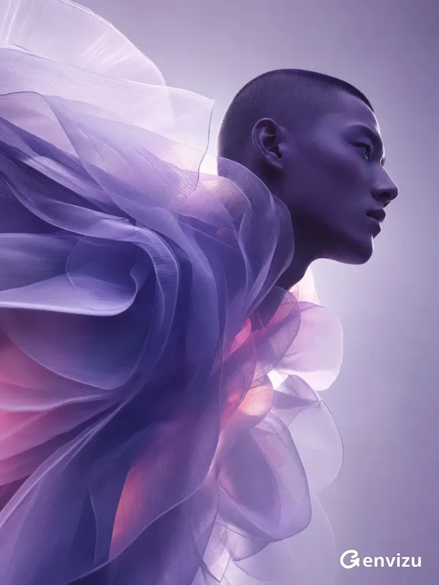 A futuristic portrait of an East Asian man with a shaved head, facing right, with his body angled forward. He is covered in layers of semi-transparent, fine mesh fabric in lavender and white, creating voluminous shapes. The lighting is soft and ethereal, with highlights on the fabric and face.