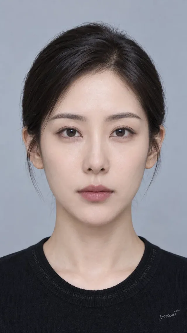 Close-up studio portrait of an East Asian woman for an ID photo, facing forward with a neutral, calm expression, soft lighting, neutral grey background.
