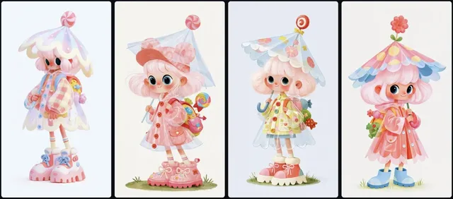 Cute 3D character, a pastel explorer with pink hair, wearing a transparent raincoat and oversized boots, holding a lollipop umbrella, against a white background.