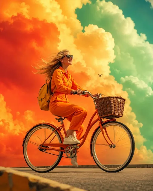 A woman on a vintage bicycle rides on an empty road, dwarfed by massive, colorful, painterly clouds.