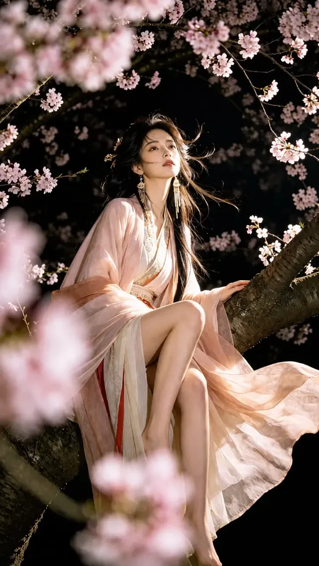 An ancient Chinese princess with fair skin, phoenix eyes, and long, flowing hair sits gracefully on a tree trunk surrounded by blooming flowers, wearing a traditional robe and long earrings, with a melancholic yet alluring gaze towards the viewer.
