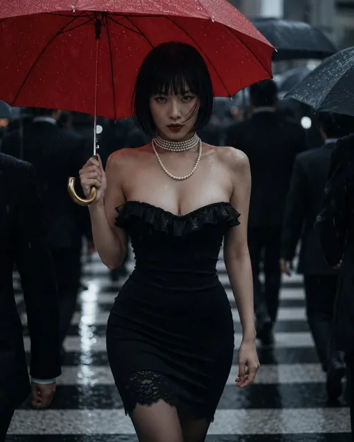 A beautiful East Asian woman with a red umbrella walks through a rainy city crosswalk, surrounded by men in dark suits.