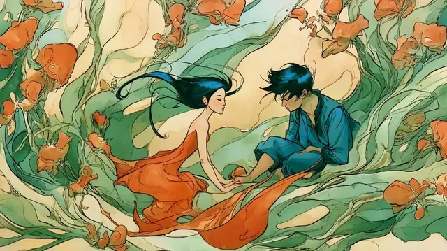 A painterly illustration with flowing organic forms and elegant characters, evoking a fantasy novel aesthetic.