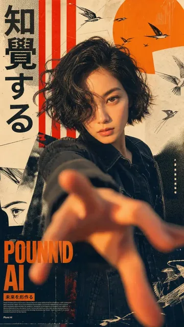 A young Asian woman with short wavy black hair and a denim jacket, hand outstretched with motion blur, against a graphic poster background with Japanese and English text and AI elements. Cinematic sunset lighting.