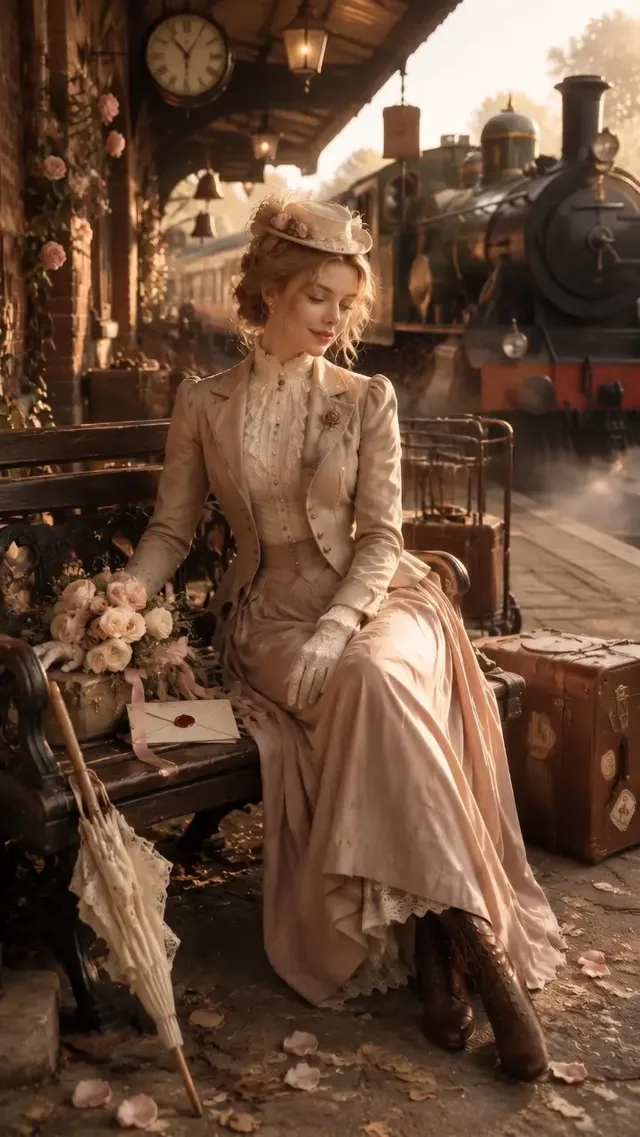 Full-body seated environmental portrait of a young woman in Victorian dress on a wooden railway bench, surrounded by roses, letters, and luggage, with a steam locomotive in the background during golden hour.