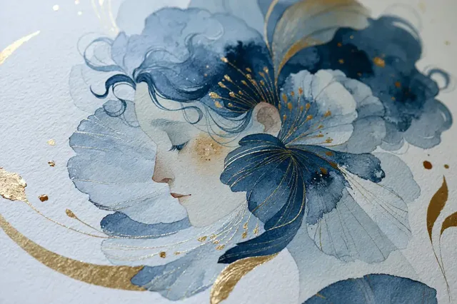 Ethereal watercolor painting of a subject emerging from a delicate, blossoming flower with translucent washes of light and airy colors.