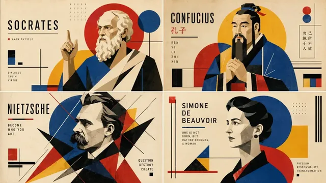 Bauhaus-style poster with four abstract geometric representations of philosophers, set against a backdrop of intersecting circles and triangles.