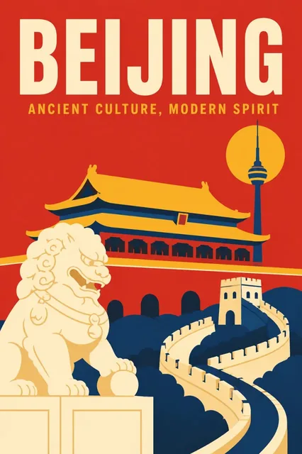 A minimalist travel poster featuring a stylized illustration of a city landmark.