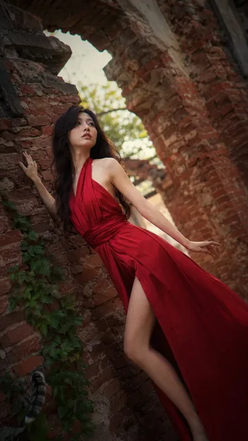 A beautiful East Asian woman in a dramatic crimson silk gown stands in a crumbling red brick archway during golden hour, gazing serenely upwards. A stray cat tail is visible near an ivy vine.