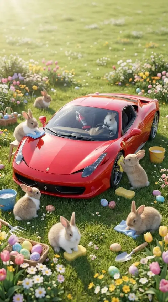 A group of cute baby bunnies enthusiastically cleaning and polishing a car, with some bunnies vacuuming the interior and others buffing the exterior, surrounded by Easter eggs.