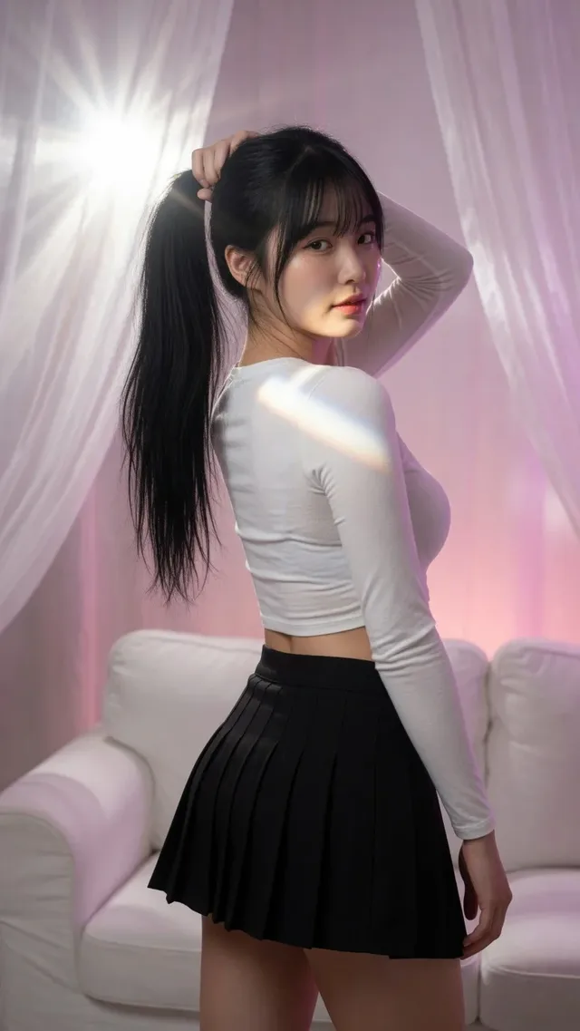 Photorealistic studio portrait of a young East Asian woman with a high ponytail and bangs, wearing a white crop top and black mini skirt. She is viewed from a rear three-quarter angle, looking back over her shoulder, with one hand touching her ponytail. The background features sheer white curtains and a sofa, with dramatic lighting.