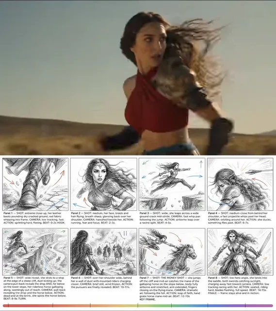 A split image showing a sketch storyboard on the left and a consistent AI-generated character animation on the right.