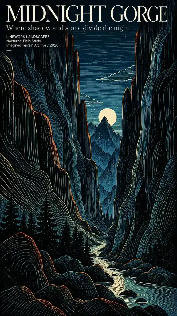 Vertical editorial poster featuring flowing topographic linework, monumental dark mountains, deep blue and teal tones, and burnt orange accents.