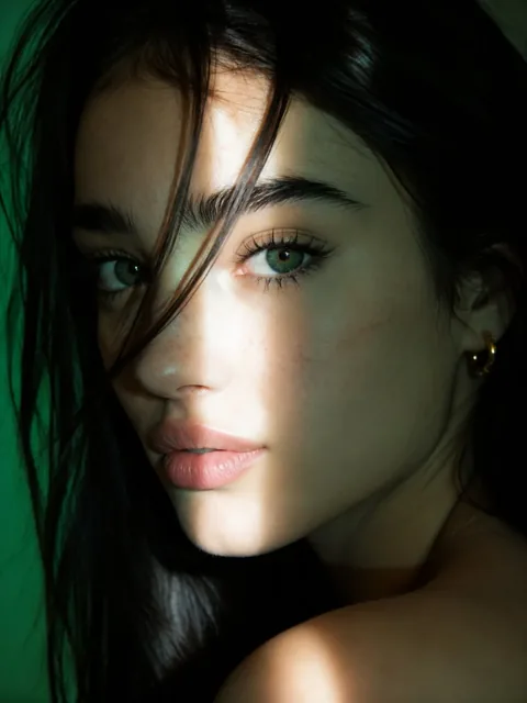 Ultra-realistic close-up beauty portrait of a young woman with jet-black hair, fair skin with freckles, and green eyes, dramatically lit with cinematic lighting.