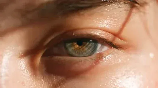 A cinematic perfume advertisement featuring a dewy woman and a glass flacon under warm sunlight and pastel blue background.