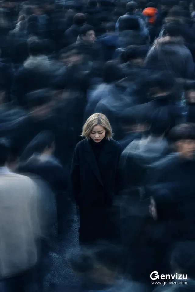 A young woman with light blonde hair, wearing a black coat, stands still in the center of a crowd. Her face and upper body are sharp, while the surrounding pedestrians are blurred into streaks of motion, creating a sense of movement and isolation.