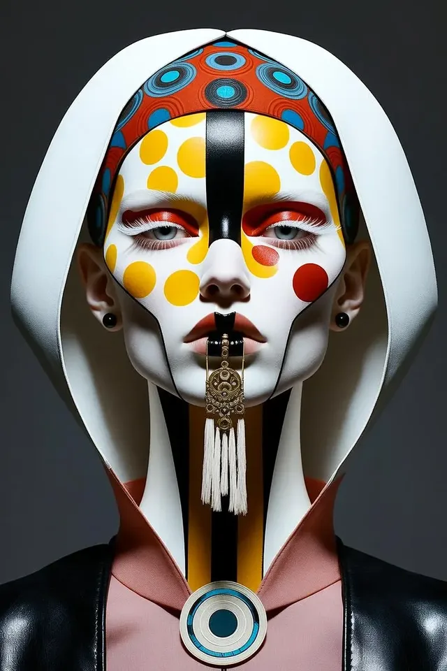 Digital portrait of a spectral woman with geometric patterns on porcelain skin, bold makeup, and a white hood, in a style blending watercolor and 3D effects.