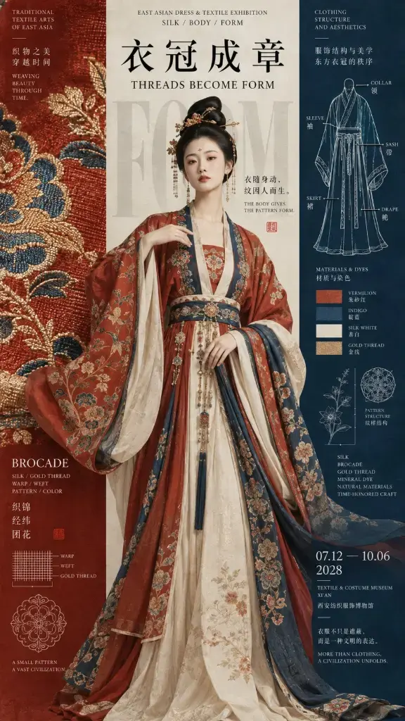 Vertical three-column poster for an Oriental cultural exhibition, featuring dynamic composition and rich information density, with elements intentionally crossing column dividers.