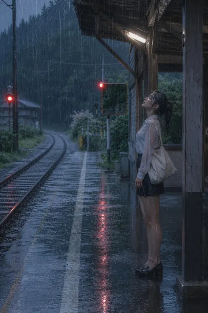 Young woman with wet hair and clothes standing at a deserted train station platform, looking away from the camera into the rain. Reflections on the wet ground and train tracks.