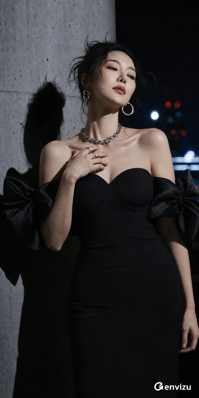 Close-up, warm golden night portrait of an East Asian woman over 28. She has an oval face, dark almond eyes, and medium-length black hair. She wears a black slip dress and a long pendant earring. Her head is turned, looking left with a slightly anxious expression. Soft amber light illuminates her face and shoulders against a dark, blurred background.