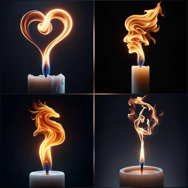 A hyper-realistic candle flame shaped like a [OBJECT], emanating from a wick on a tabletop.
