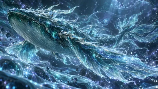 Epic 3D CG concept art of the mythical creature Abyssal Xuan Kun swimming through a serene void with translucent fluid fins and glowing energy strands.