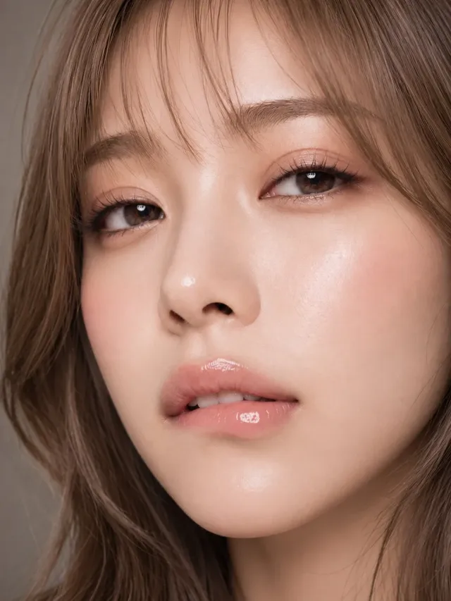 Close-up beauty portrait of a young woman with ivory skin, looking directly at the camera with slightly heavy eyelids. Her lower lip is gently bitten, creating a subtle shine and conveying a mix of vulnerability and allure. Soft, diffused lighting highlights her features.