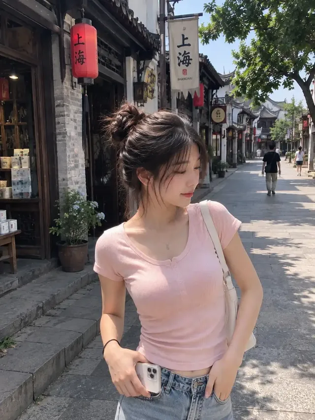 A young East Asian woman with a messy bun and pale pink top, walking through a busy traditional Chinese street, turns her head over her shoulder towards the camera with a calm expression. Shot with a smartphone, featuring realistic details and natural lighting.