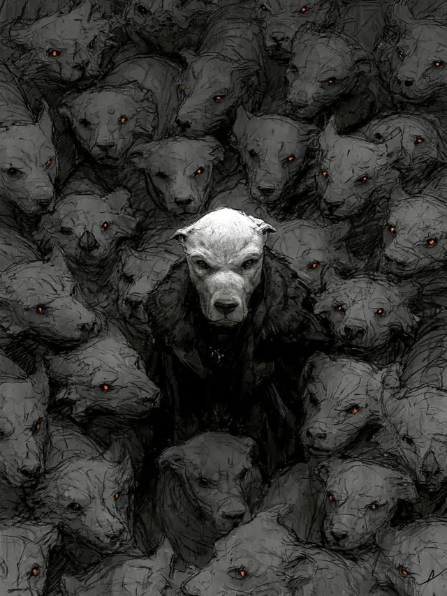 A central white wolf stands out in a dense pack of dark wolves, all with glowing orange eyes, rendered in a dramatic, textured charcoal illustration style.