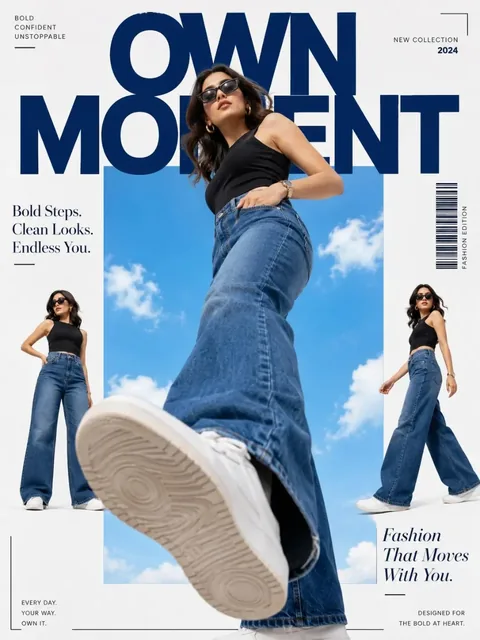 Magazine cover with a woman in a beige blazer and cream trousers, stepping forward, with bold navy text 'OWN MOMENT' behind her.