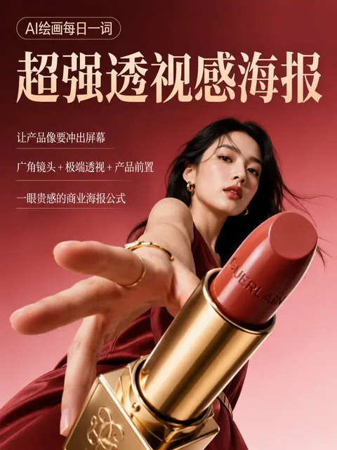 A commercial poster with a product in extreme foreground, using a wide-angle lens and low-angle shot to create a sense of depth and a 'breaking the screen' effect, with a figure interacting in the background.