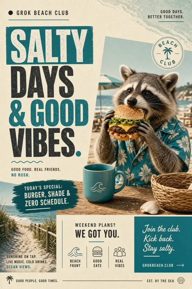 Social media post design with modern retro typography, bold editorial art direction, pastel palette, and coastal atmosphere.