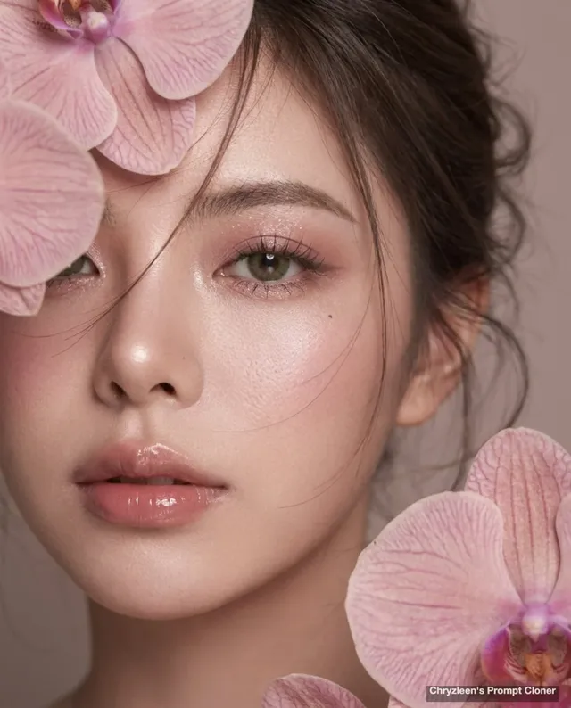 Extreme close-up of a woman's eye, lips, and cheek with realistic skin texture, soft makeup, wispy hair, and blurred orchid petals. Soft diffused lighting and a vintage coquette aesthetic.