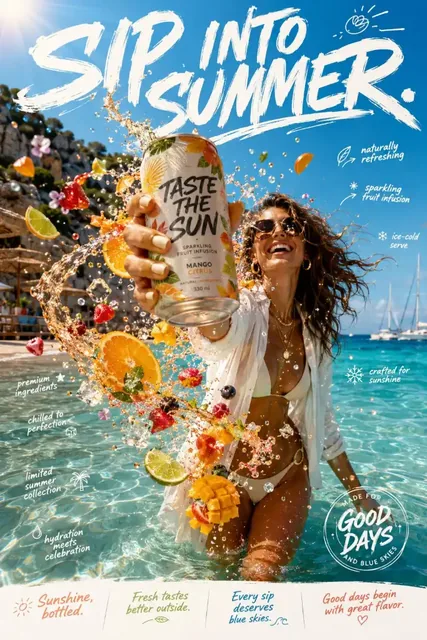 Woman laughing knee-deep in the sea, holding a beverage can prominently in the foreground with exploding fruit essence around her.