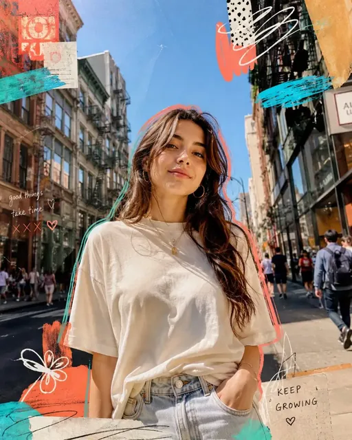 Waist-up street portrait of a confident young woman on a downtown avenue, overlaid with colorful sketch lines, paint streaks, and graphic elements.