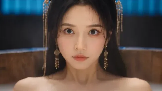 A female protagonist defending herself against armed attackers in a traditional wooden bathhouse.