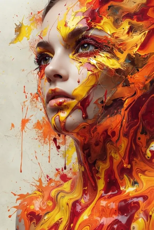 Artistic profile portrait of a woman merging with vibrant, glossy streams of fiery red and orange fluid paint.